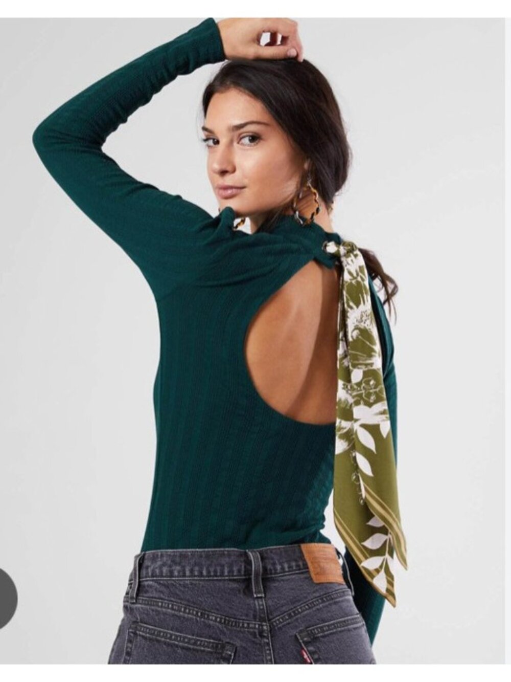 Free People Suki Scarf Tie Open Back Ribbed Top Womens‎ M Green Long Sleeve - Picture 2 of 13